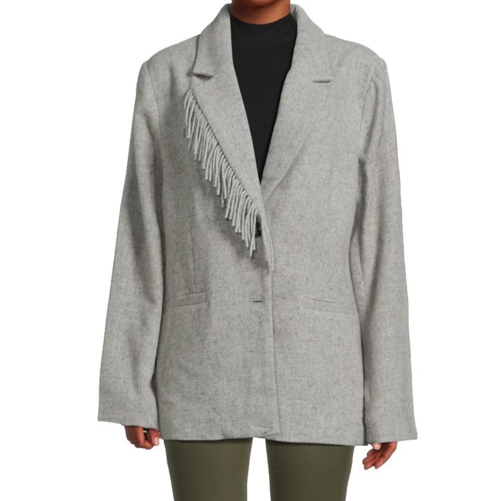NVLT Light Grey Wool Blend Fringe Lapel Blazer Coat Women's Small New